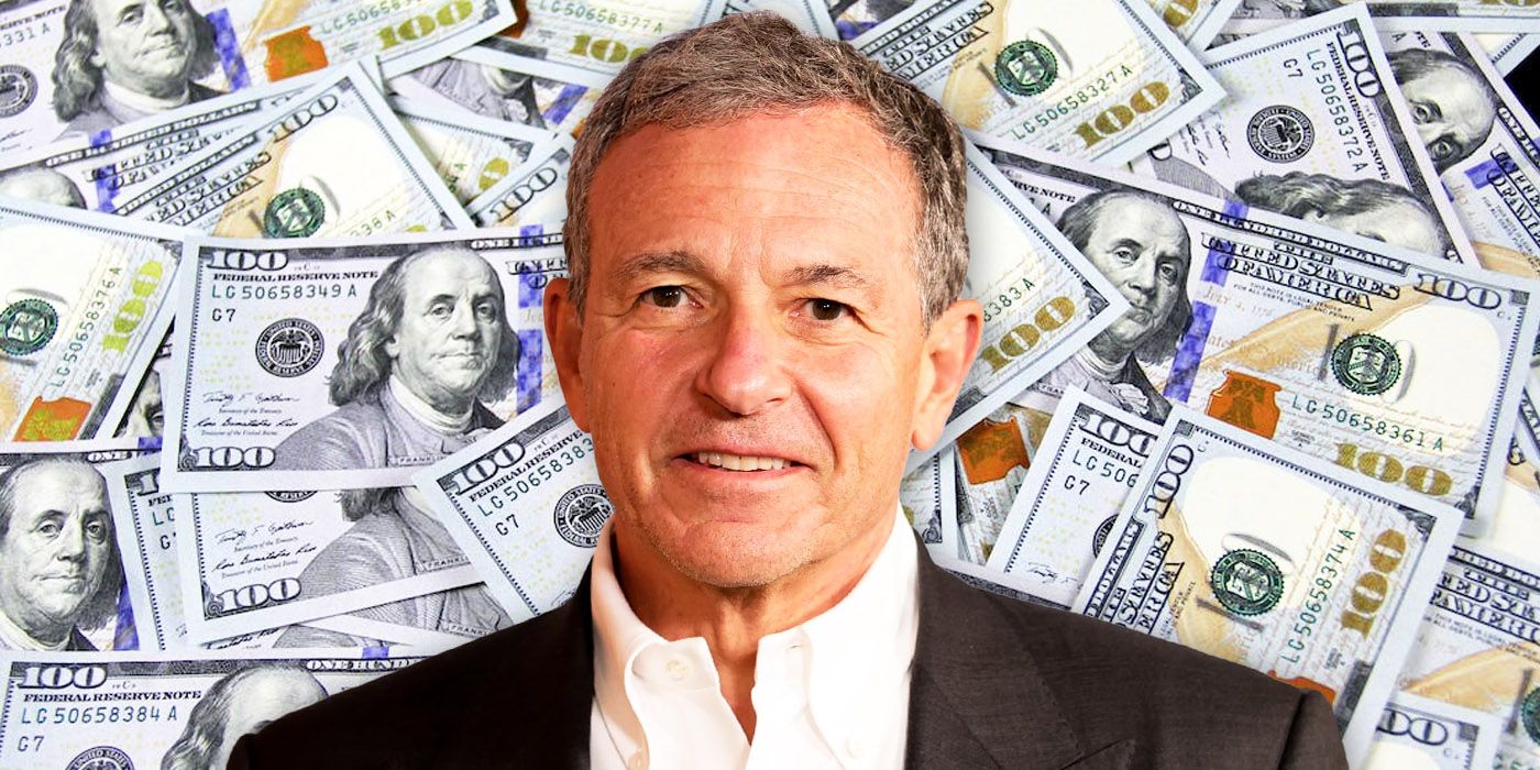 Bob Iger in front of an image (public domain from Pexels) of a pile of hundred dollar bills.