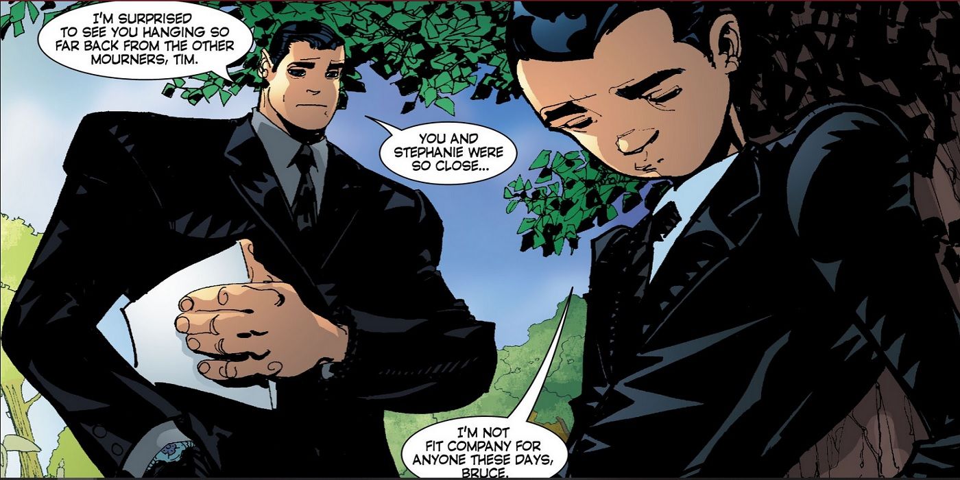 Bruce Wayne And Tim Drake Talking At Stephanie's Funeral