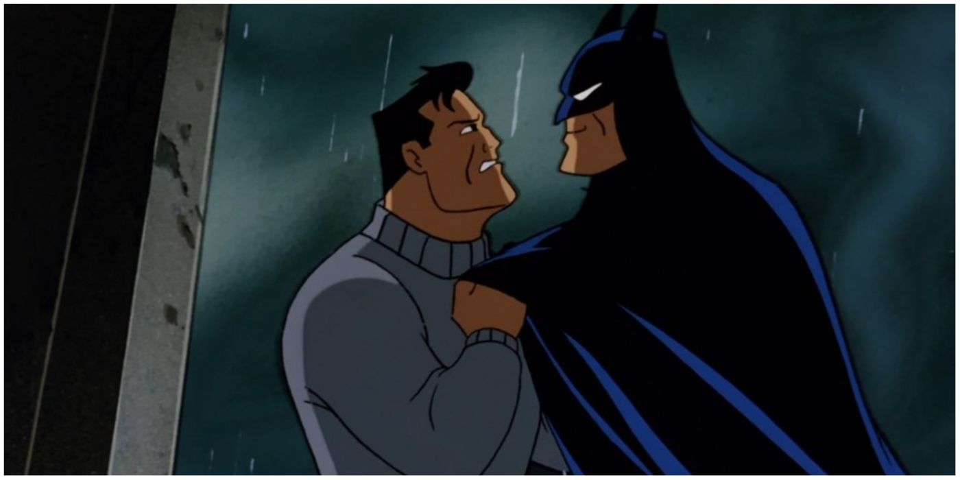 บรูซ เวย์นเผชิญหน้ากับแบทแมนและยิ้มเยาะเย้ยเขาใน Batman: The Animated Series