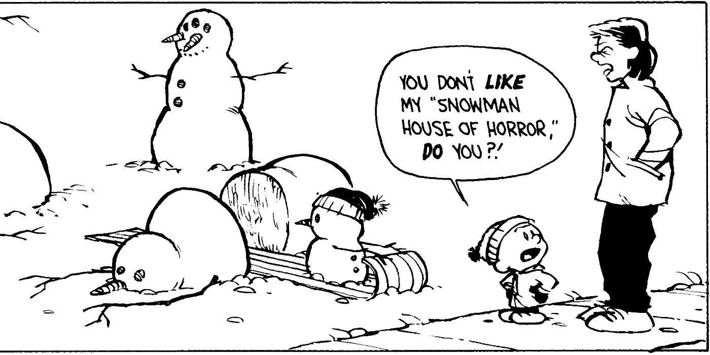 Calvin shows his mom his Snowman House of Horrors in Calvin & Hobbes