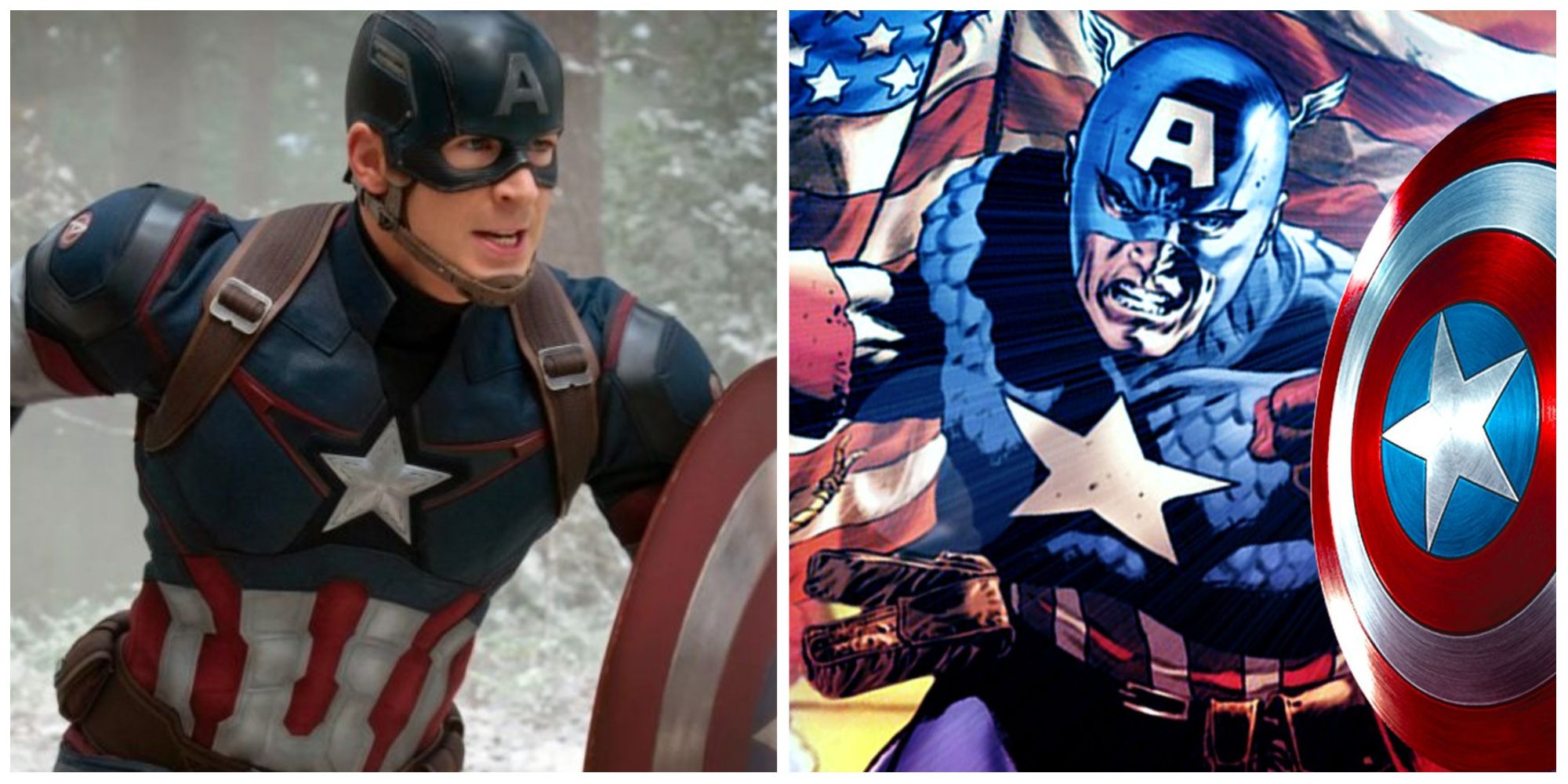 A split image of Captain America in the MCU and Cap in Marvel Comics