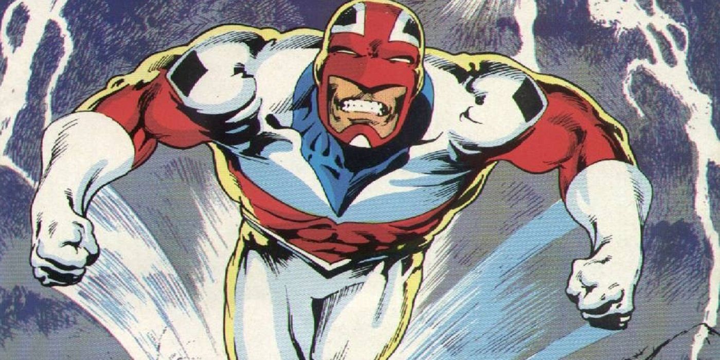 Captain Britain leaping forward with determination in Marvel Comics