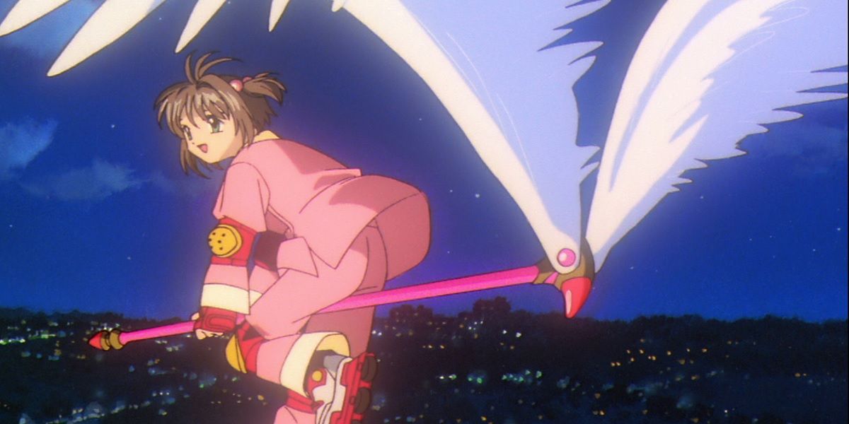 Sakura Kinomoto flies on her staff in Cardcaptor Sakura