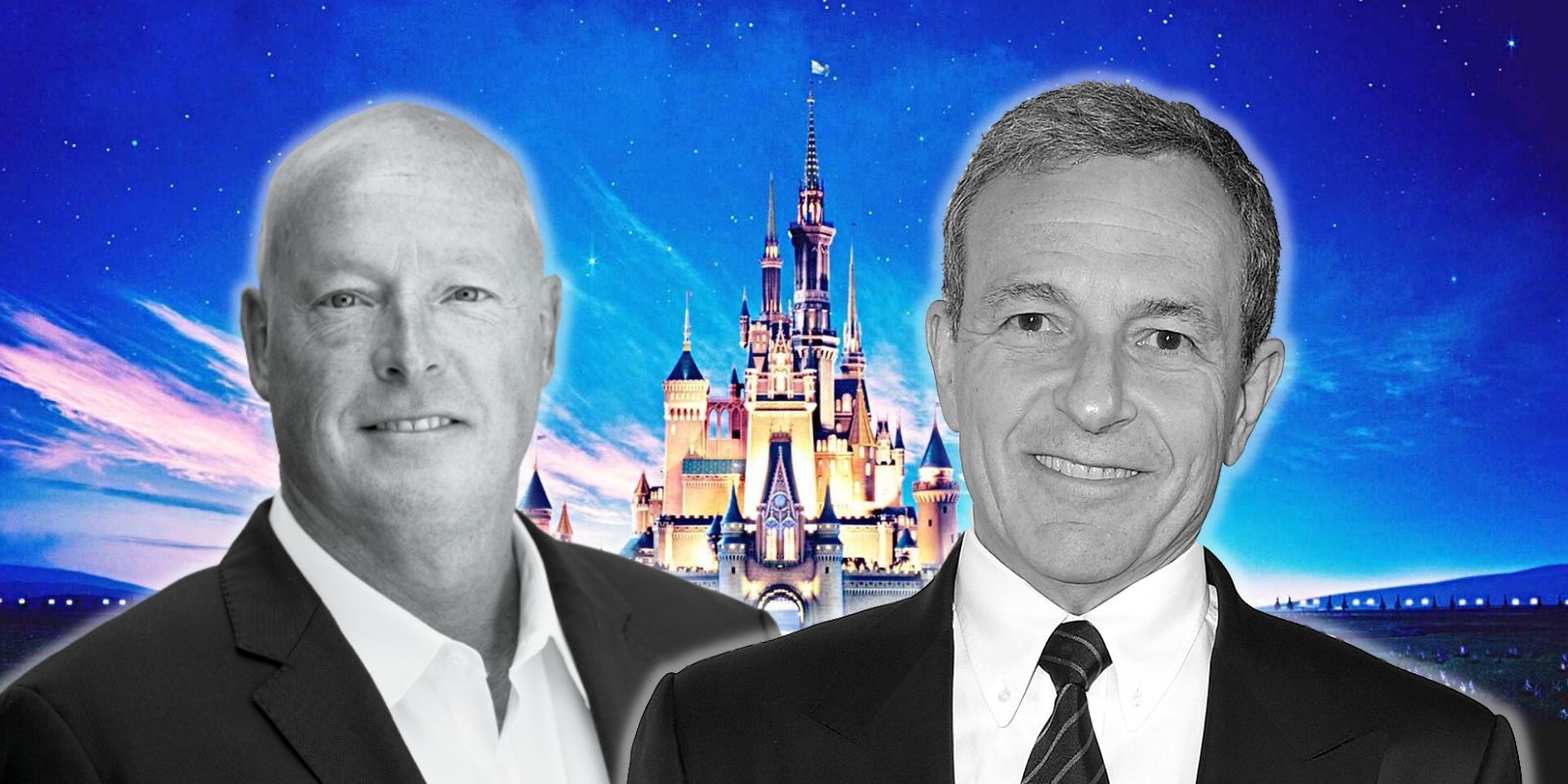Bob Chapek and Bob Iger flanking the Disney castle