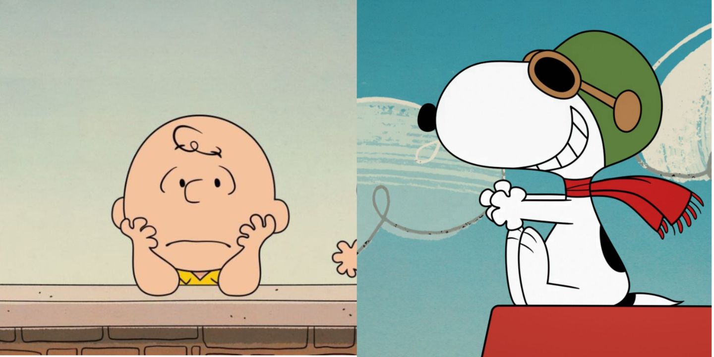 A split image of Peanuts' Charlie Brown looking sad and Snoopy, the WWI Flying Ace