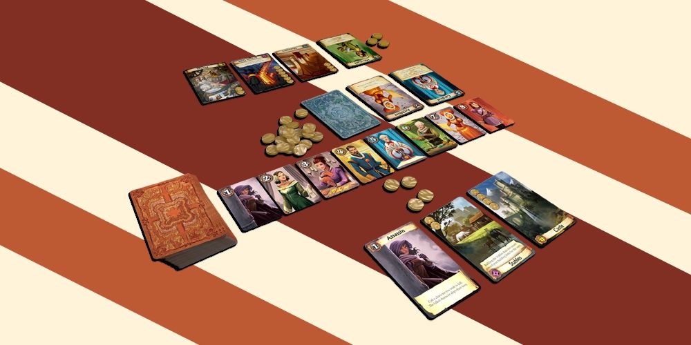 Citadels card game on a striped background.
