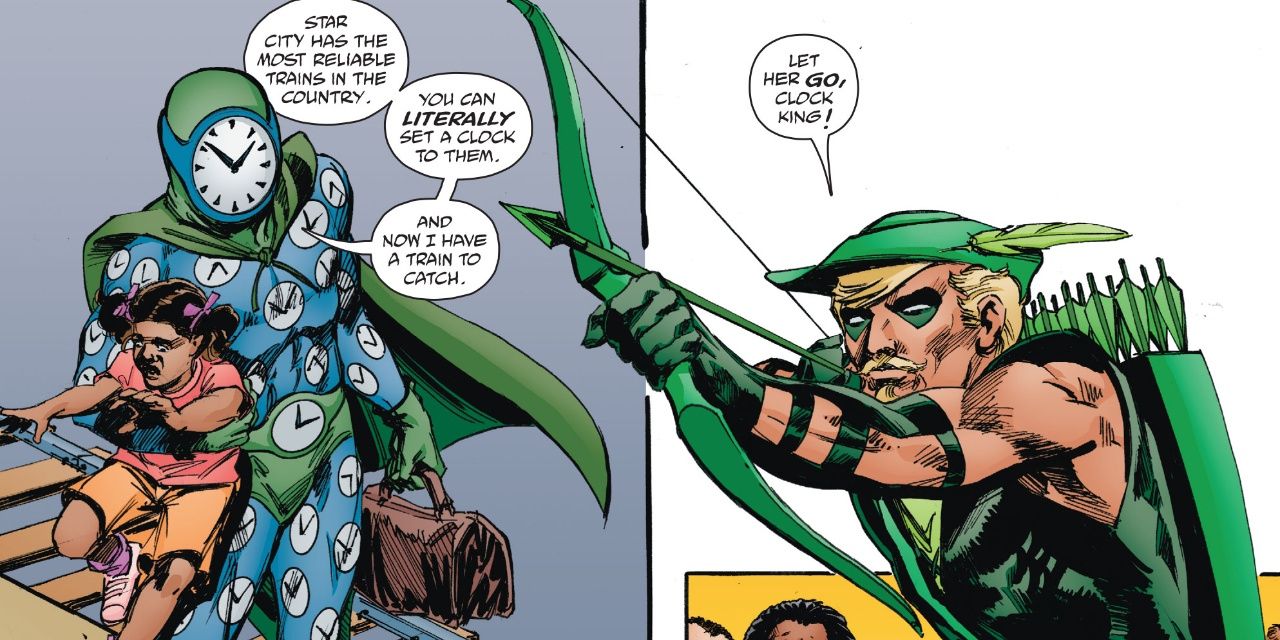 Green Arrow holds the Clock King at arrowpoint in DC Comics