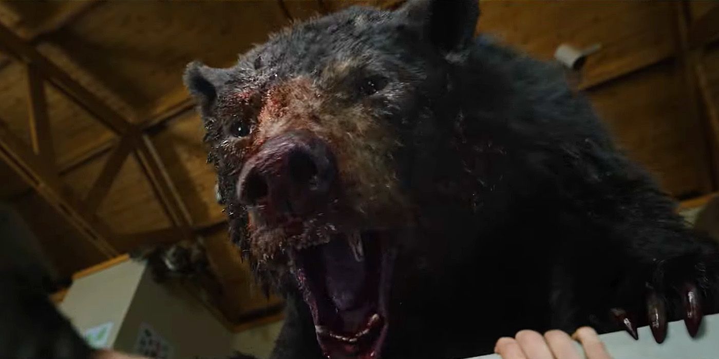 The Cocaine Bear pins a deputy under a broken door in the movie trailer.