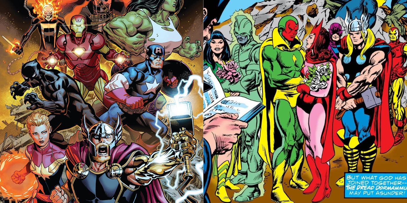 A split image of Marvel Comics' Avengers and the wedding of Swordsman and Mantis and Scarlet Witch and Vision with the team looking on