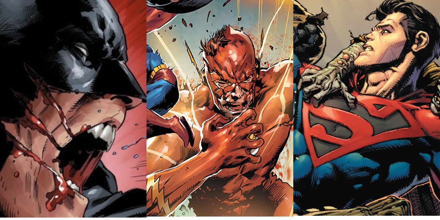 Batman, The Undead Flash, and Superman fighting zombies, DCeased