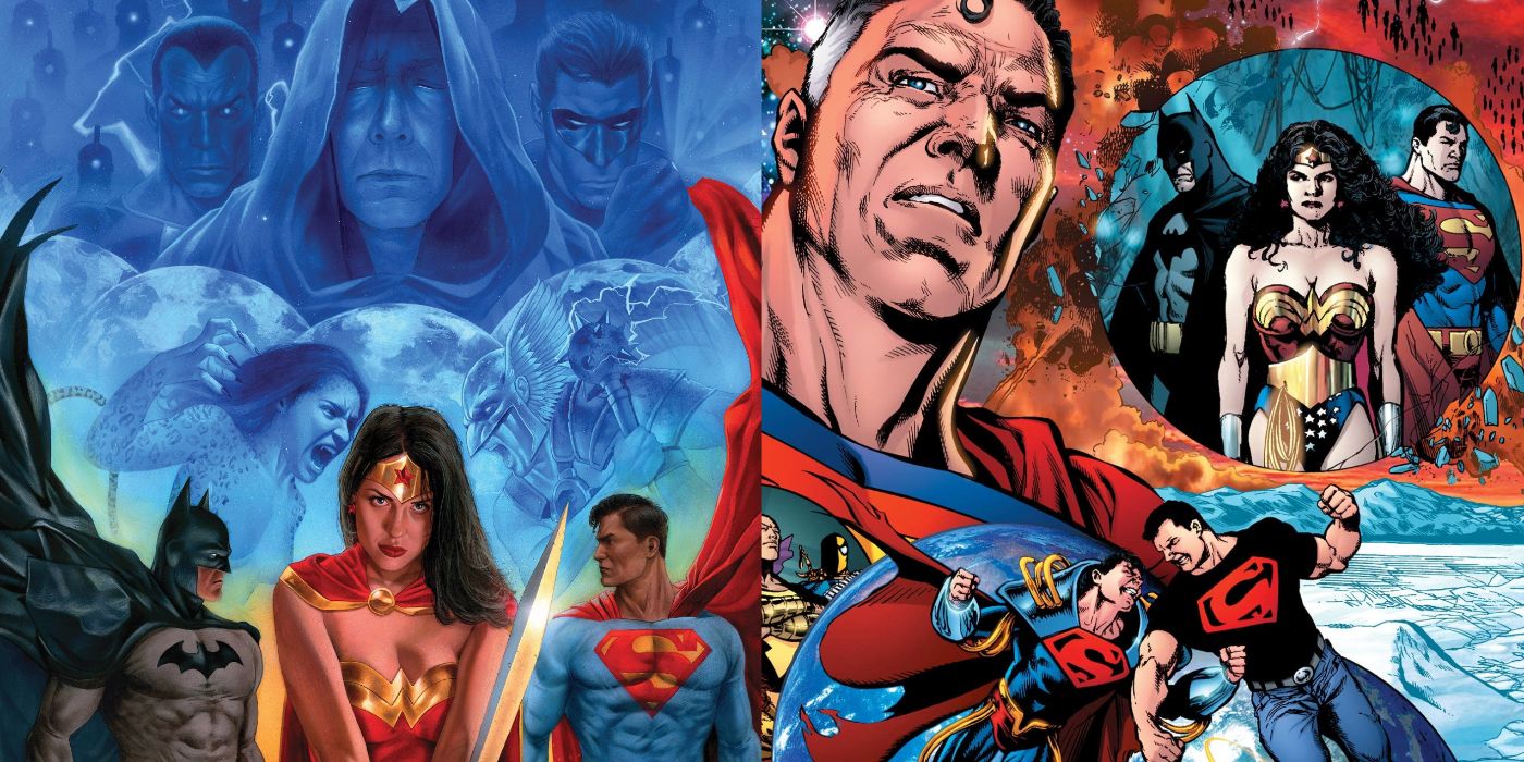 A split image of the variant cover to Dark Crisis On Infinite Earths #6 and the Infinite Crisis hardcover cover