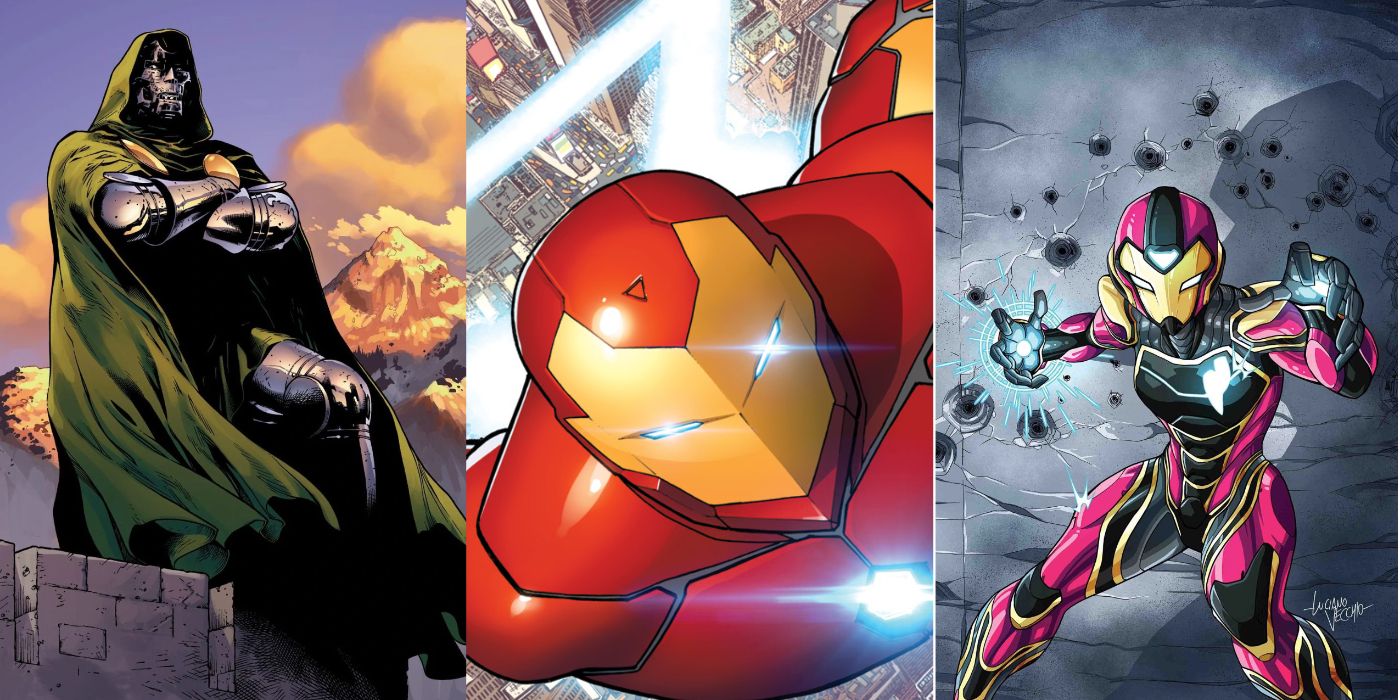 A split image of Marvel Comics' Doctor Doom, Iron Man, and Ironheart Riri Williams