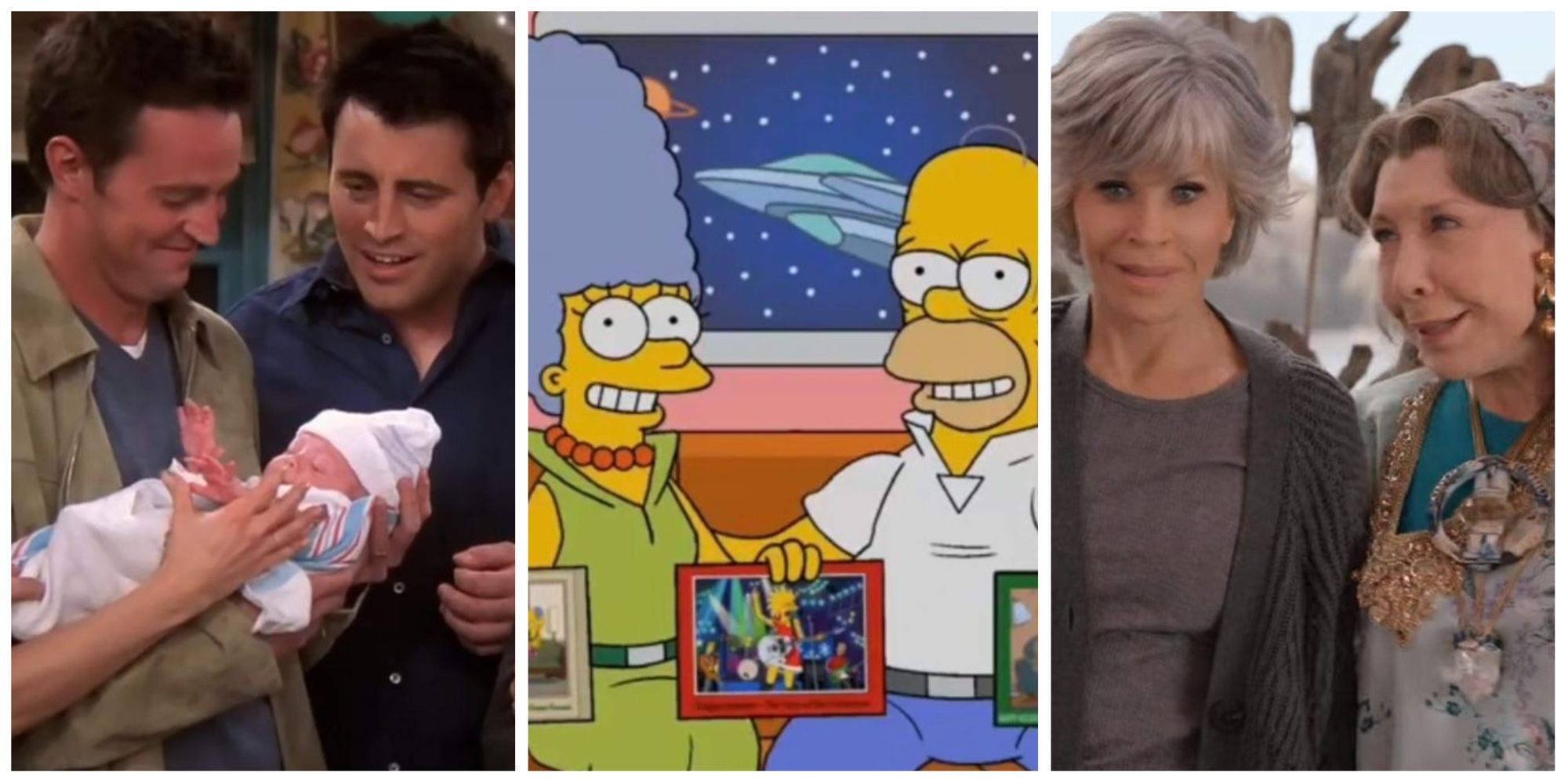 Split image of Friends, The Simpsons, Grace and Frankie 