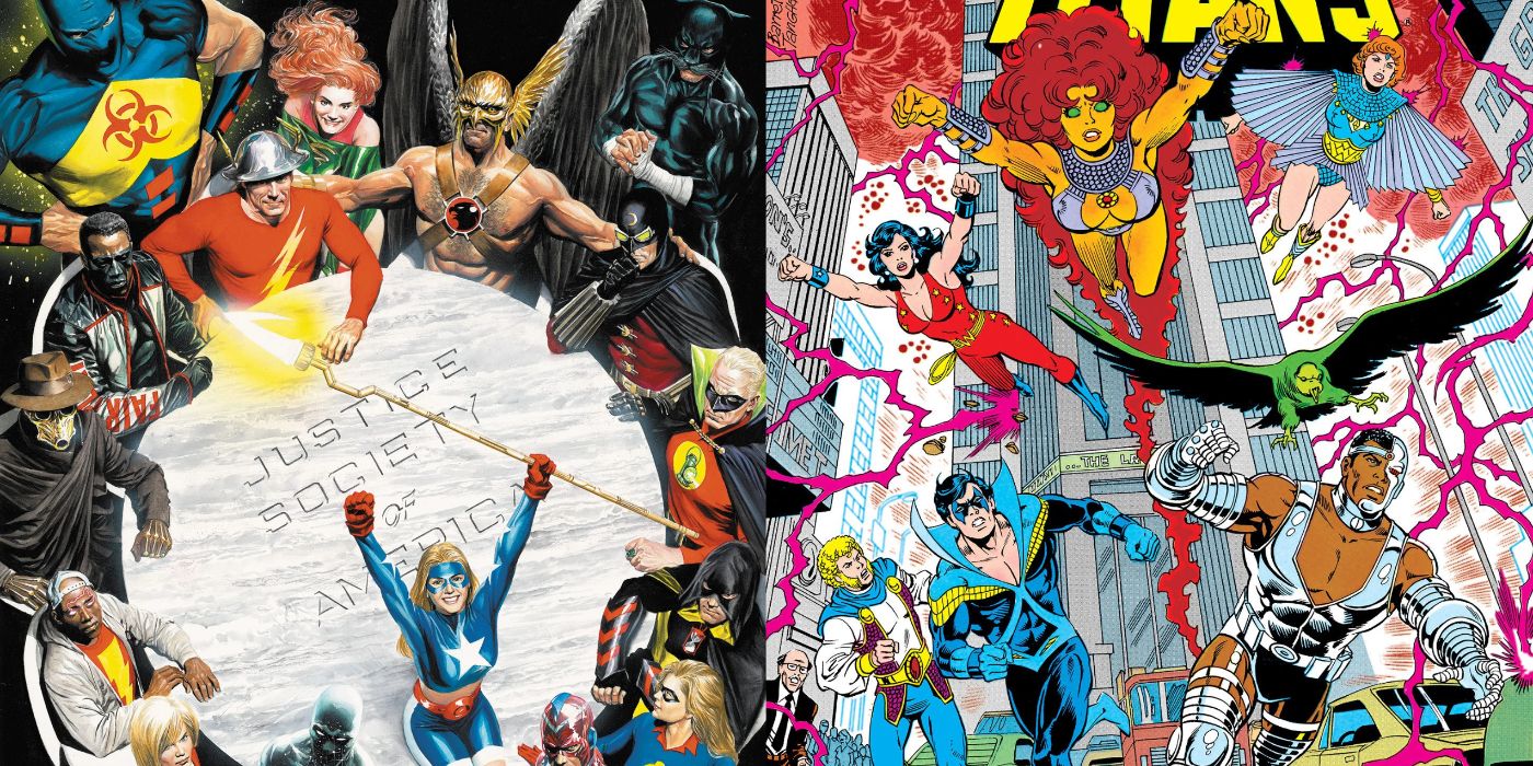 A split image of DC Comics' Justice Society and New Teen Titans