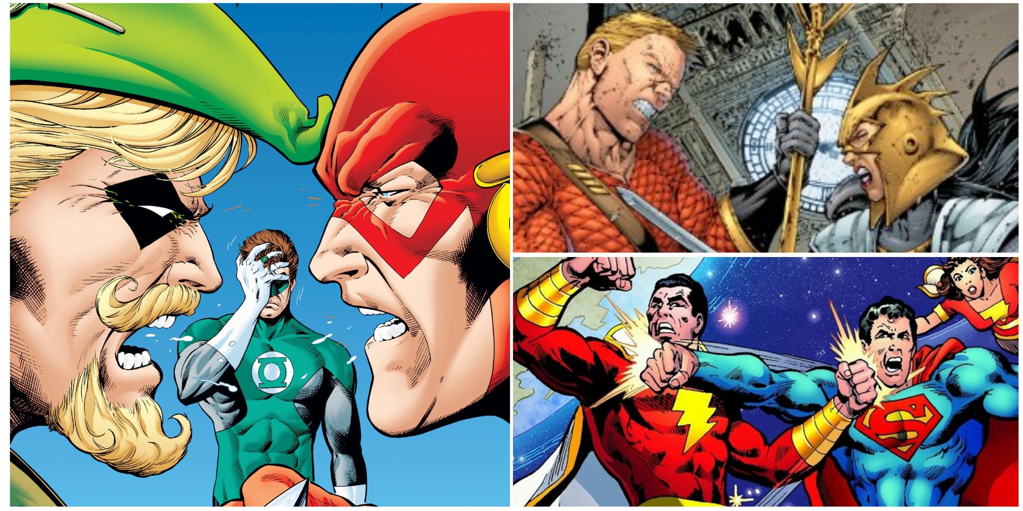 Clockwise from left: Green Arrow and Flash argue in front of Green Lantern, Aquaman and Wonder Woman fight, and Superman and Shazam trade punches