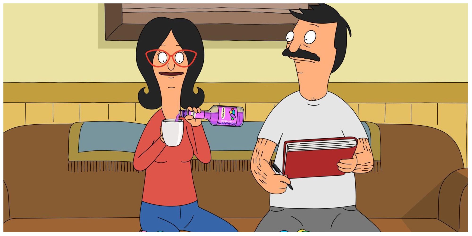 Bob and Linda sitting on the couch in Bob's Burgers.