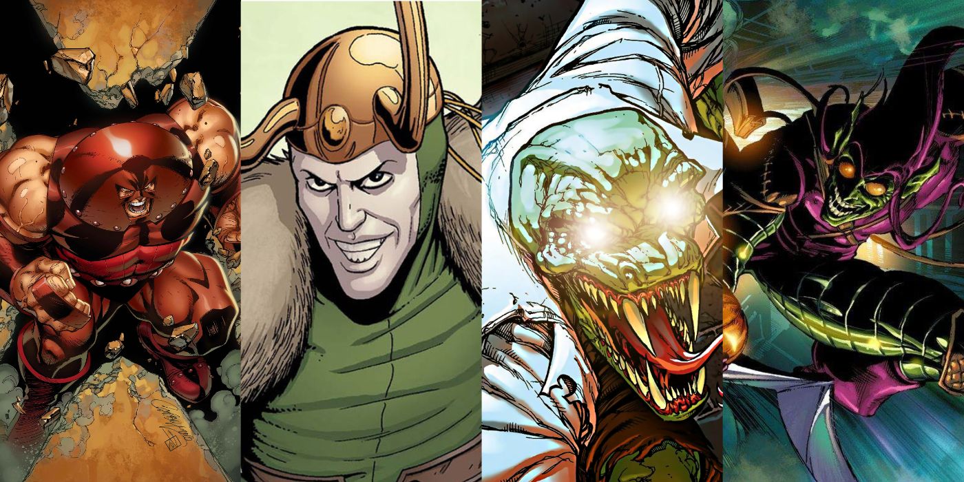 A split image of Marvel Comics' Juggernaut, Loki, Lizard, and Green Goblin