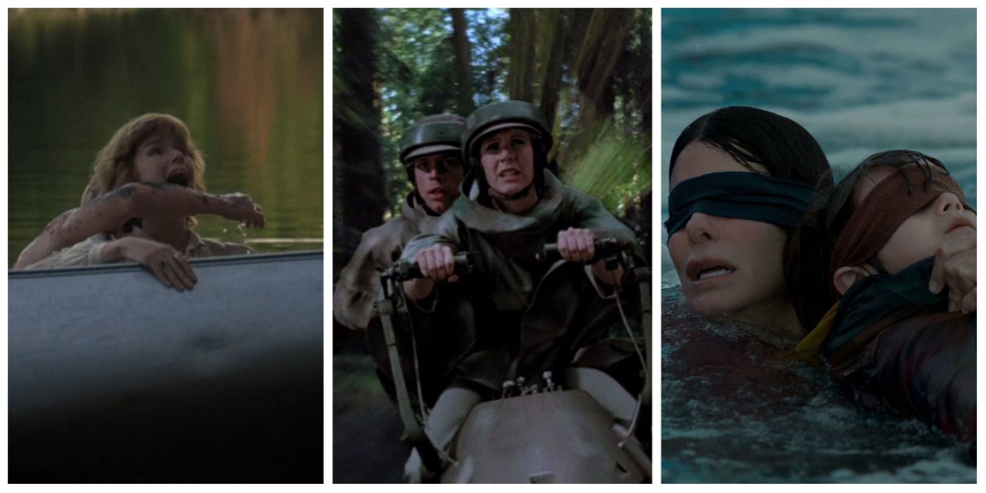 A split image of characters from Friday the 13th, Return of the Jedi, and Bird Box