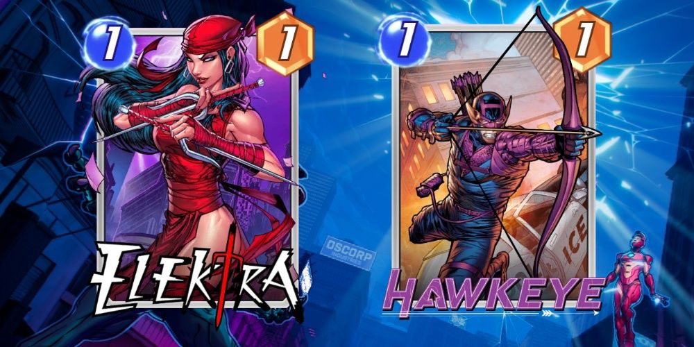 Hawkeye and Elektra cards from Marvel Snap