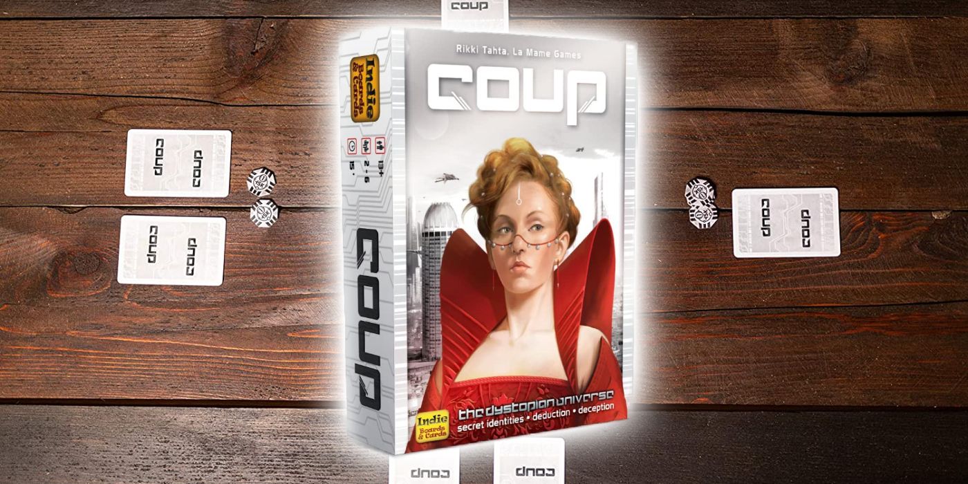 The box for the card game Coup over a set of cards