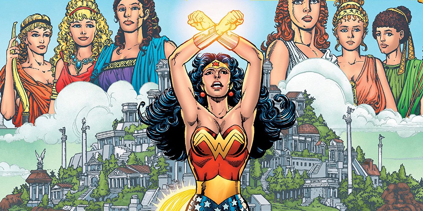 Wonder Woman stands before Themyscira, flanked by goddesses in DC Comics