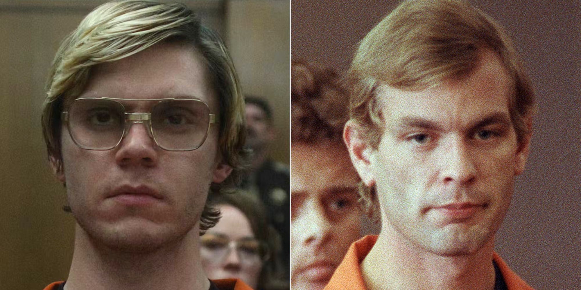 Collage of Dahmer — Monster: A Jeffrey Dahmer Story's Jeffrey Dahmer and the real serial killer Jeffrey Dahmer.