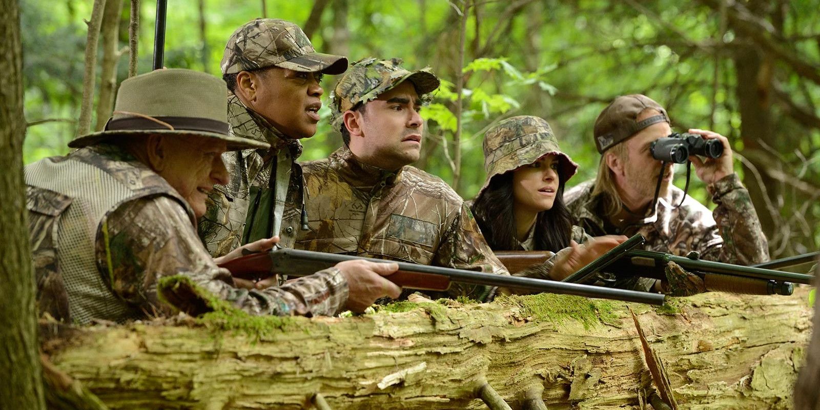 david, stevie, roland, and others hunting a turkey in schitt's creek