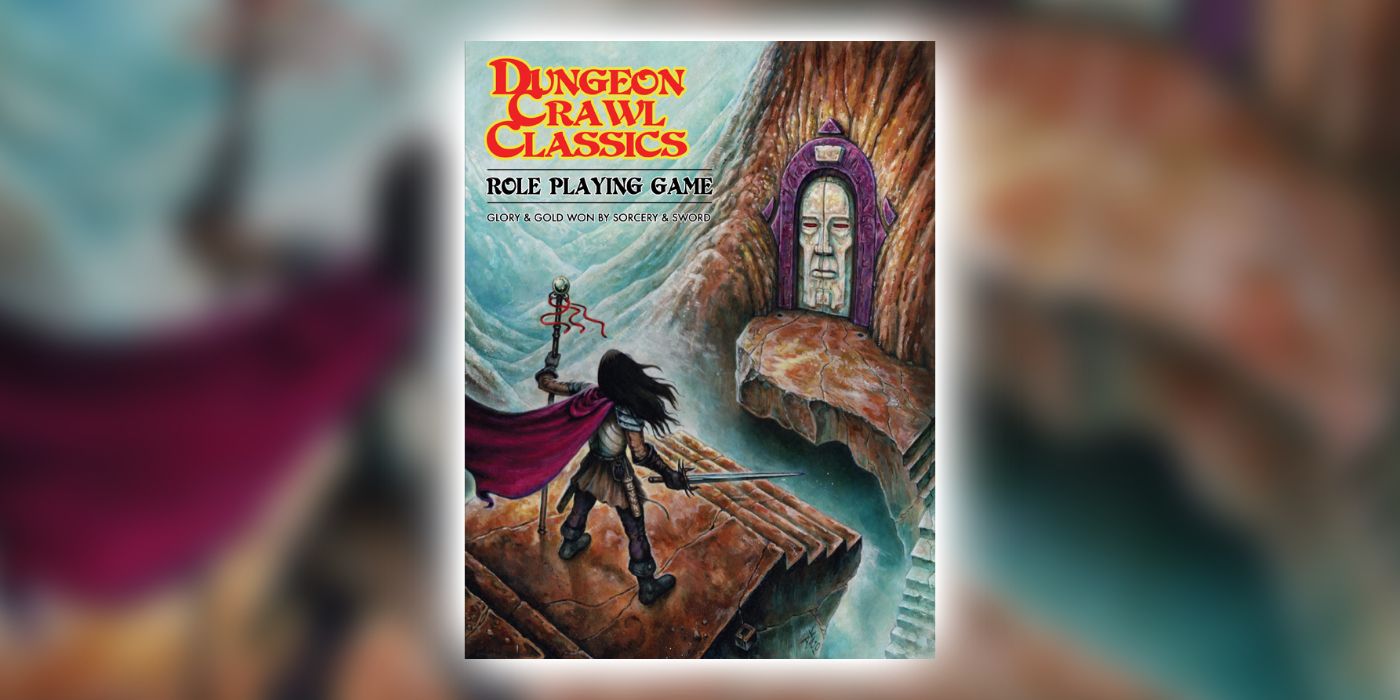 The cover of the Dungeon Crawl Classics Roleplaying Game with an adventurer looking down at a dungeon