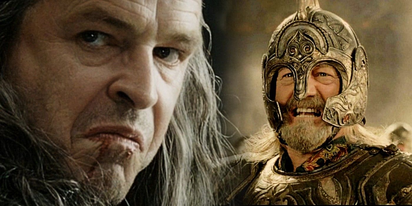 Denethor looking menacing while Theoden grimaces while wearing armor in Lord of the Rings
