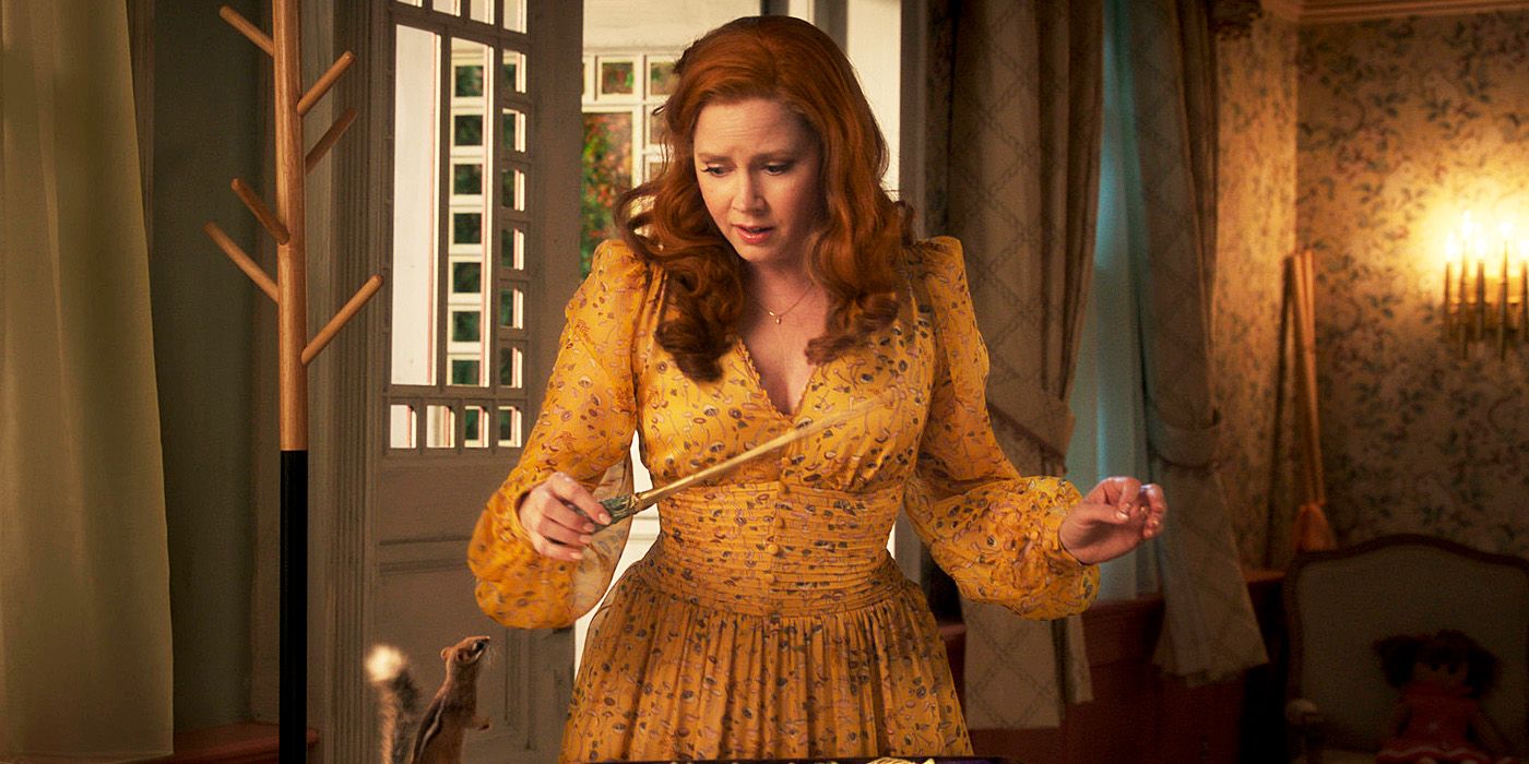 Disenchanted Trailer: Amy Adams as Giselle wearing a yellow dress and waving a wand.