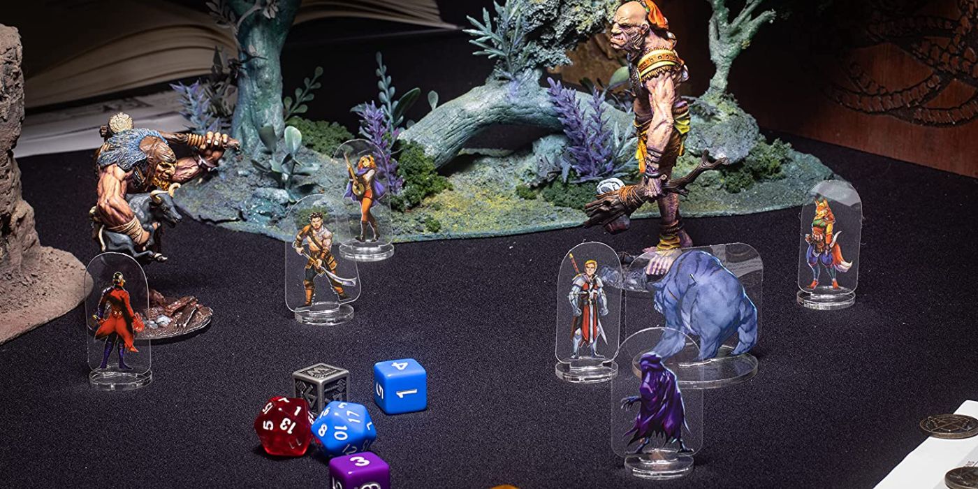 A dnd encounter with flat plastic miniatures from arcknight, including a bard, warriors, and several monsters