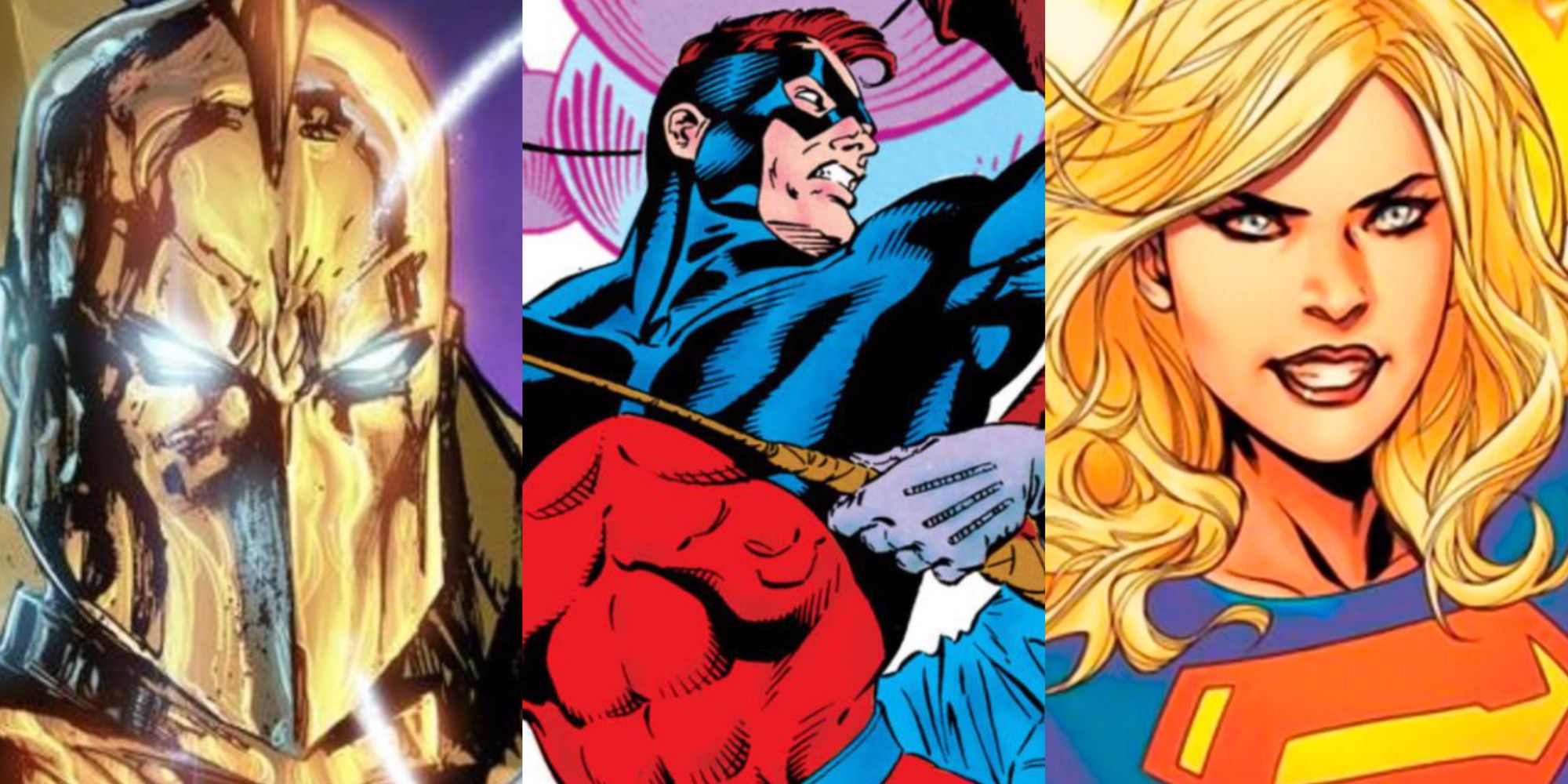 split image of Doctor Fate, Atom, and Supergirl from DC Comics