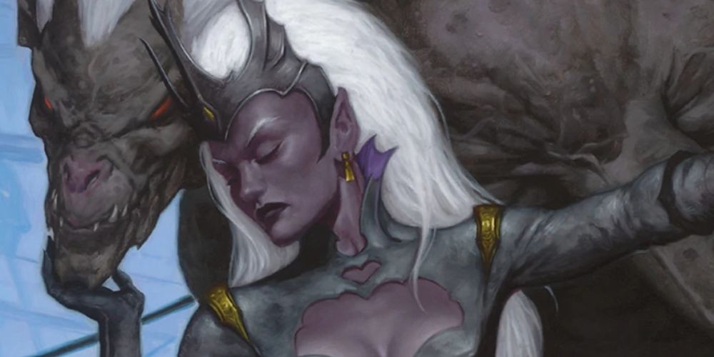 Uma Drow Matron Mother com sua montaria em DnD.