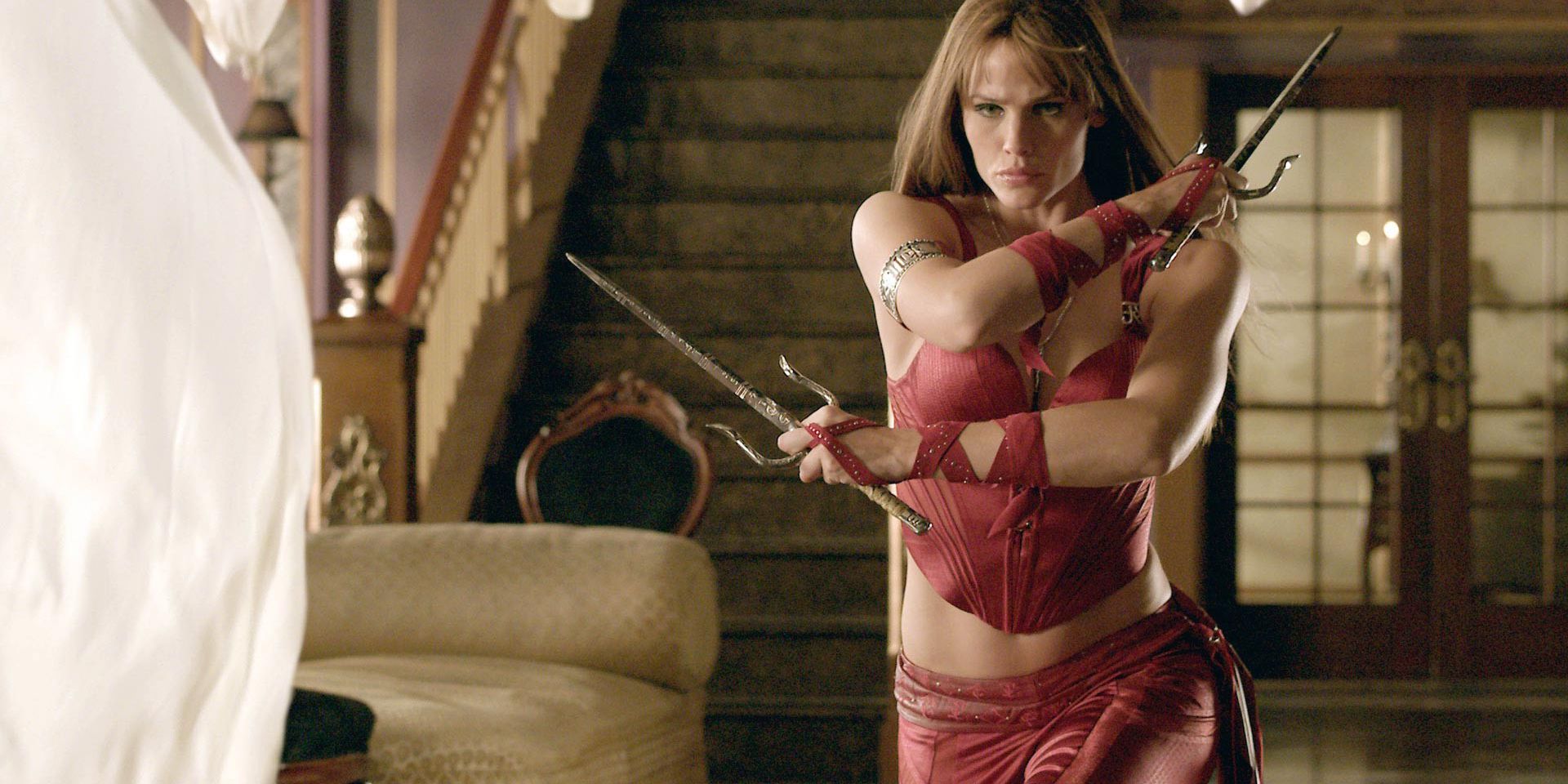 Elektra (Jennifer Garner) practices with her twin sais in Elektra