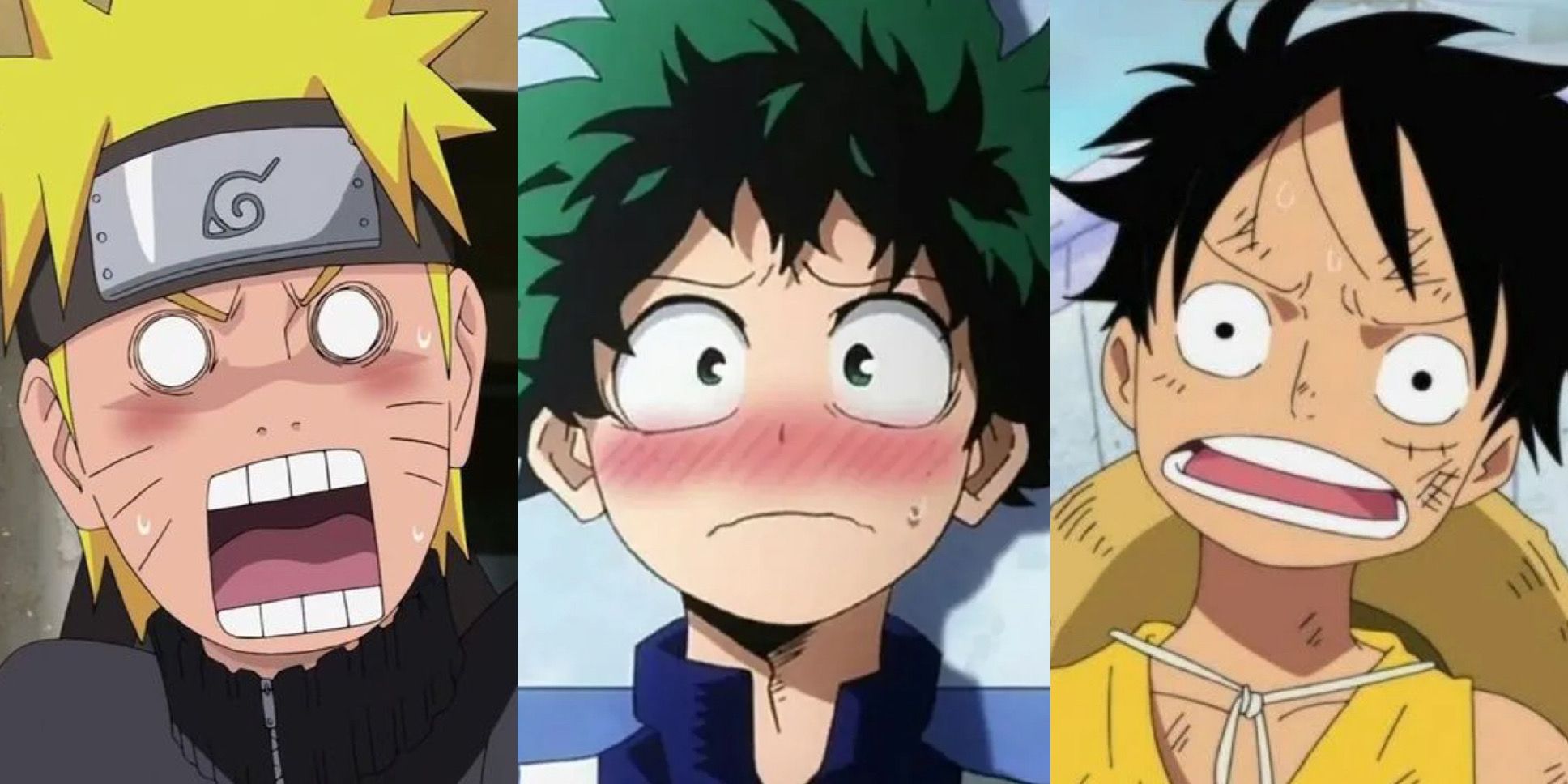 Naruto, Deku from My Hero Academia, and Luffy from One Piece all looking surprised