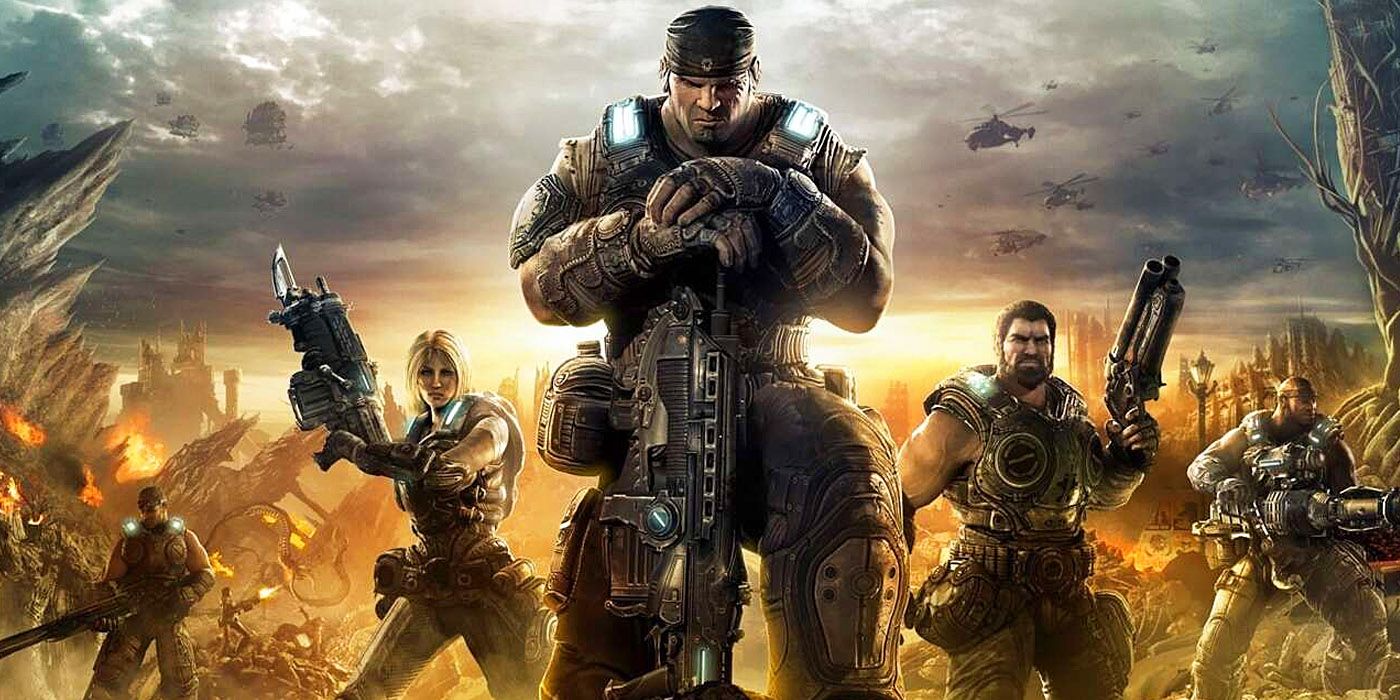 Gears of War 3: Marcus Fenix leaning on his lancer, standing in front of his fellow COGs.