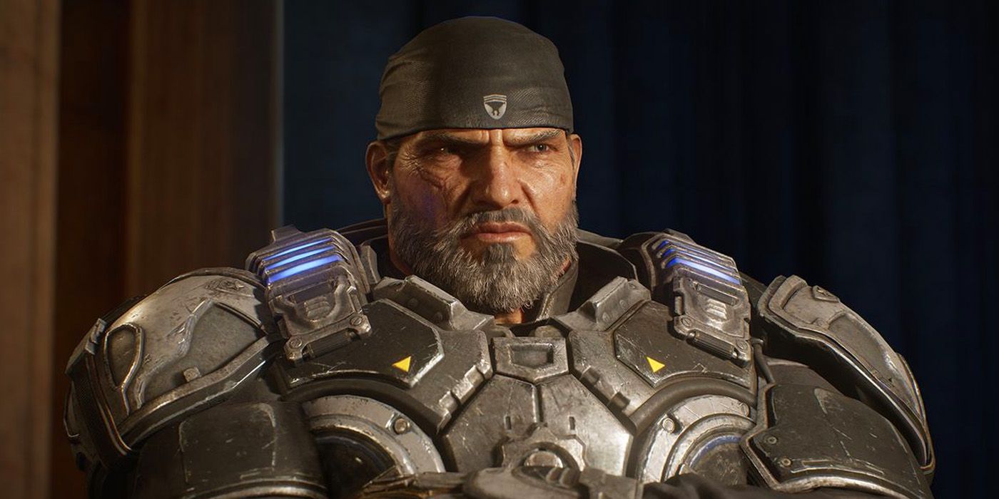 Gears of War's Marcus Fenix standing with his arms folded.
