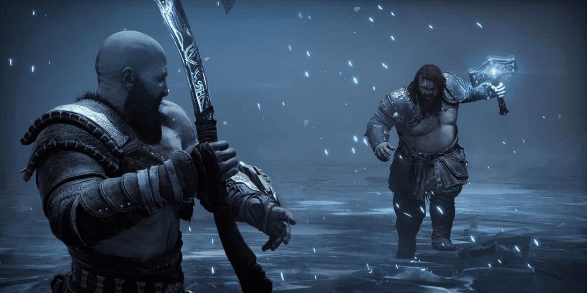 Kratos e Thor começam a lutar enquanto a neve cai ao redor deles.
