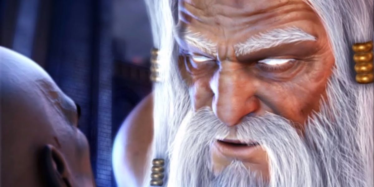 Um Zeus barbudo com olhos sem pupilas se aproxima para intimidar Kratos.