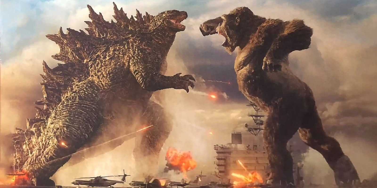 Godzilla and Kong fight on a military ship