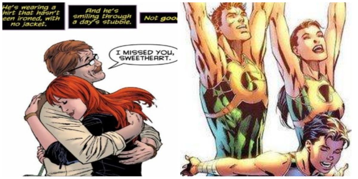 A split image of Barbara and Jim Gordon and the Flying Grayson family in DC Comics