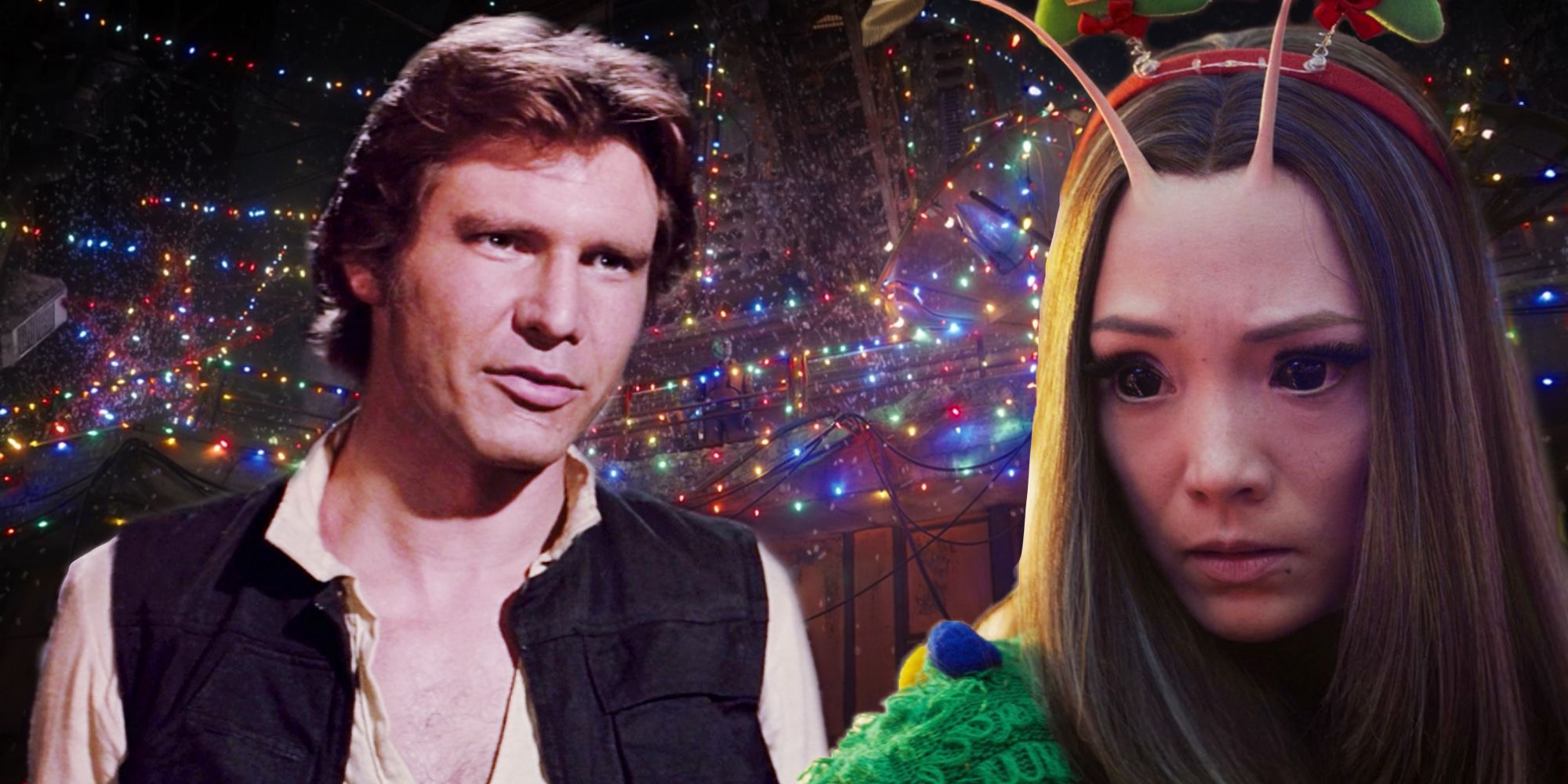 GOTG Holiday Special Pays Tribute to Star Wars' Low Point Feature image with Mantis and Han Solo in front of Christmas lights