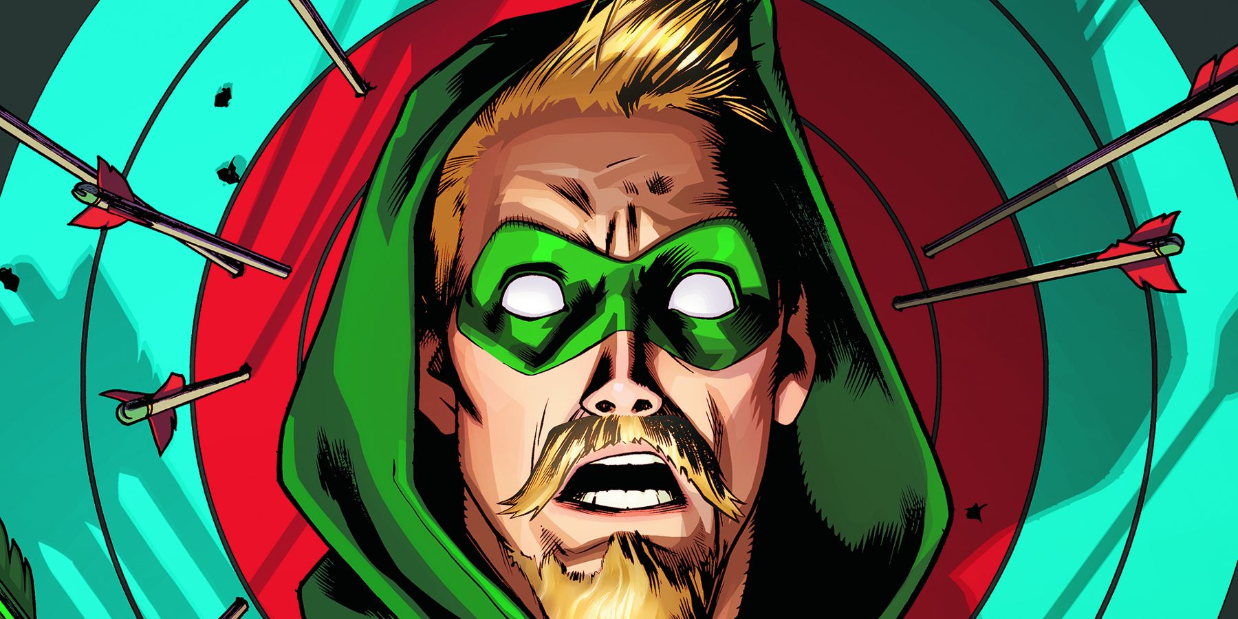 Green Arrow looking freaked out as he stands in front of a target