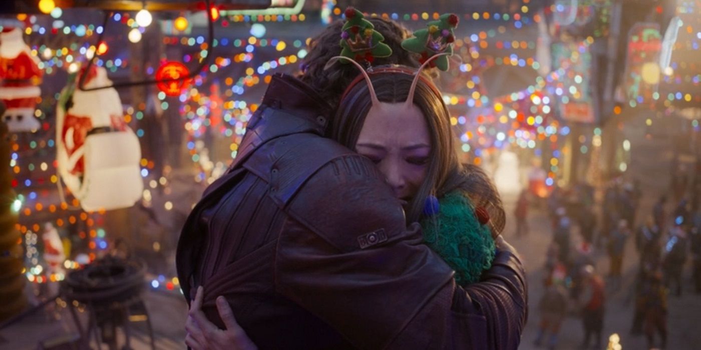 Mantis and Peter Quill hug