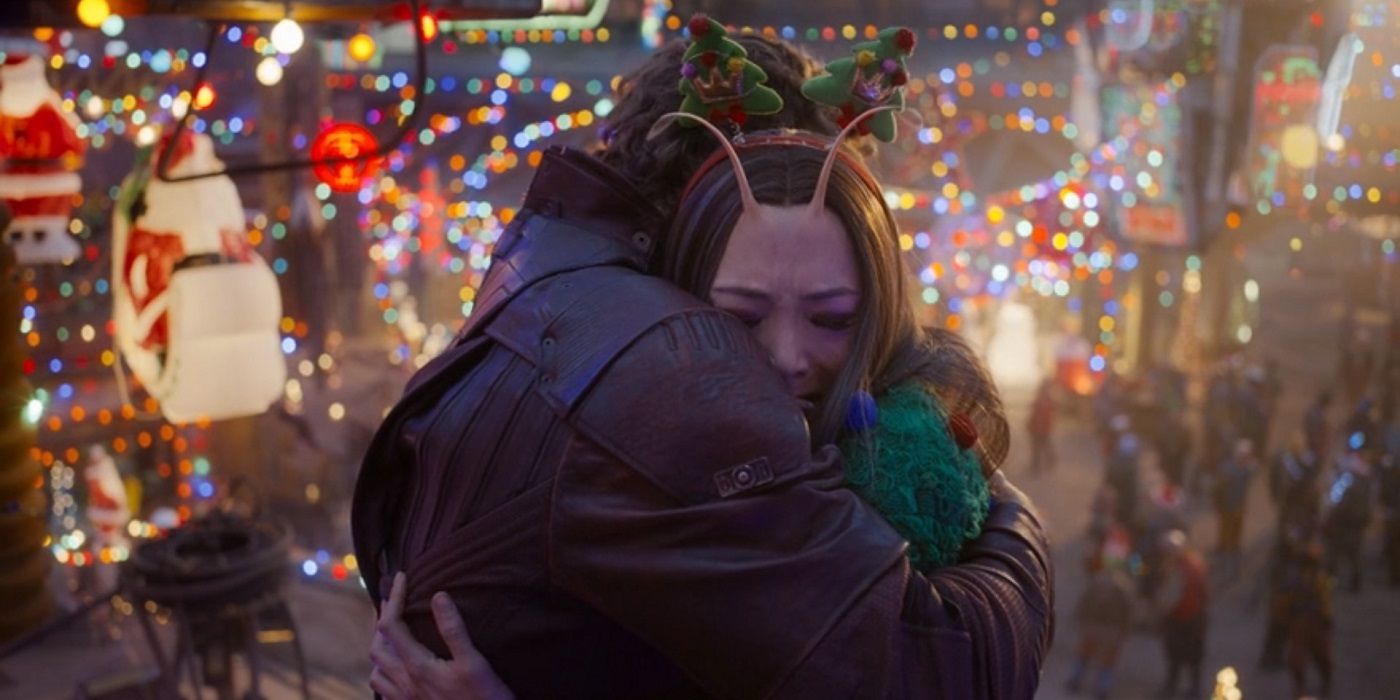 Mantis and Peter Quill hugging in Guardians of the Galaxy Holiday Special