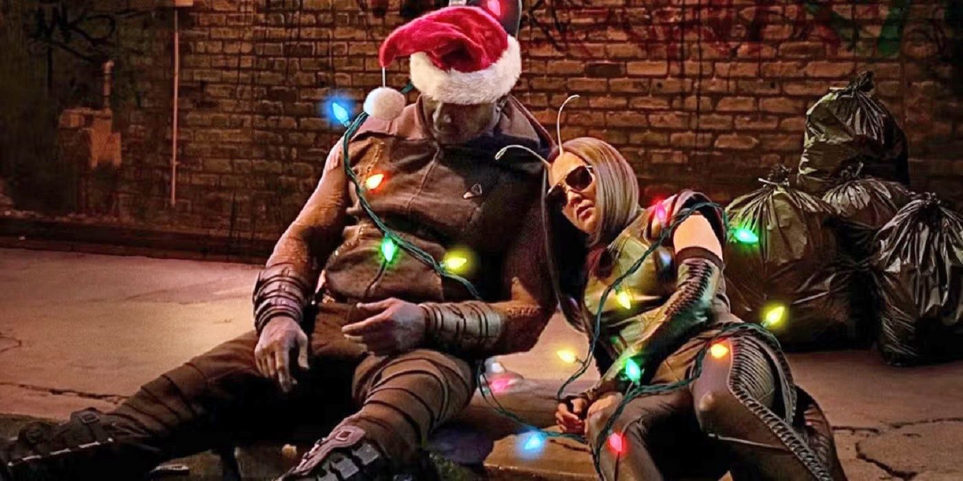 Drax and Mantis drunk in the Guardians of the Galaxy Holiday Special