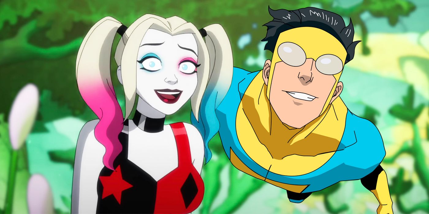 A smiling Harley Quin next to a flying, grinning Invincible