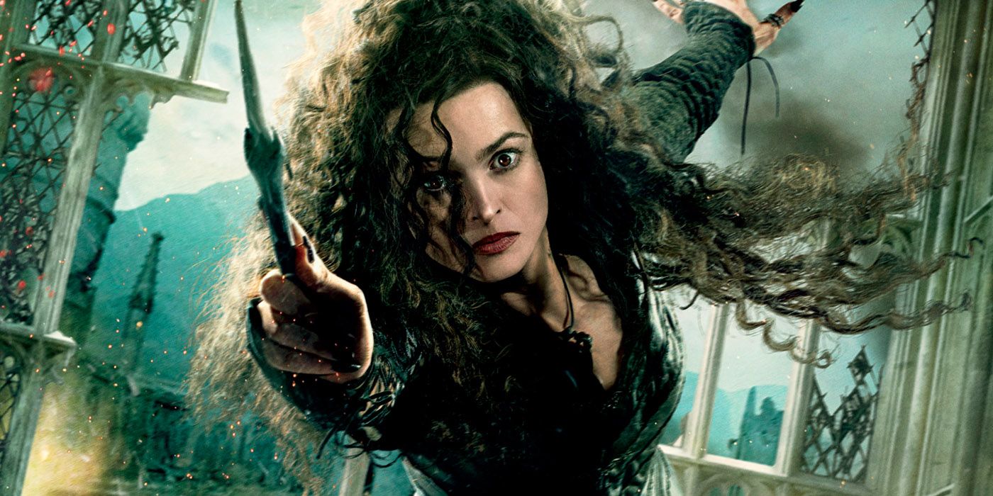 Helena Bonham Carter como Bellatrix Lestrange em um pôster de Harry Potter e as Relíquias da Morte Parte 2.