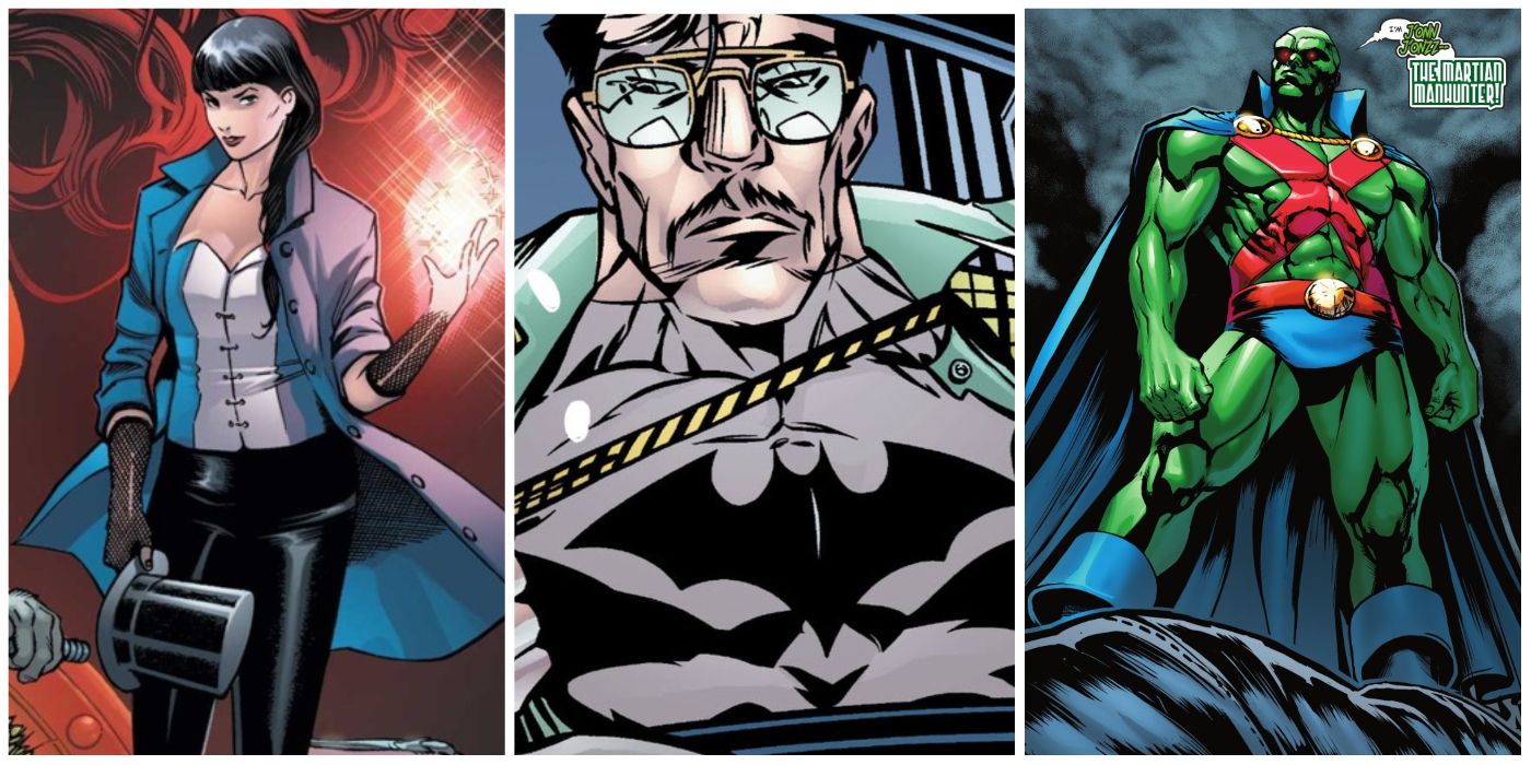 A split image of Zatanna, Batman, and Martian Manhunter from DC Comics