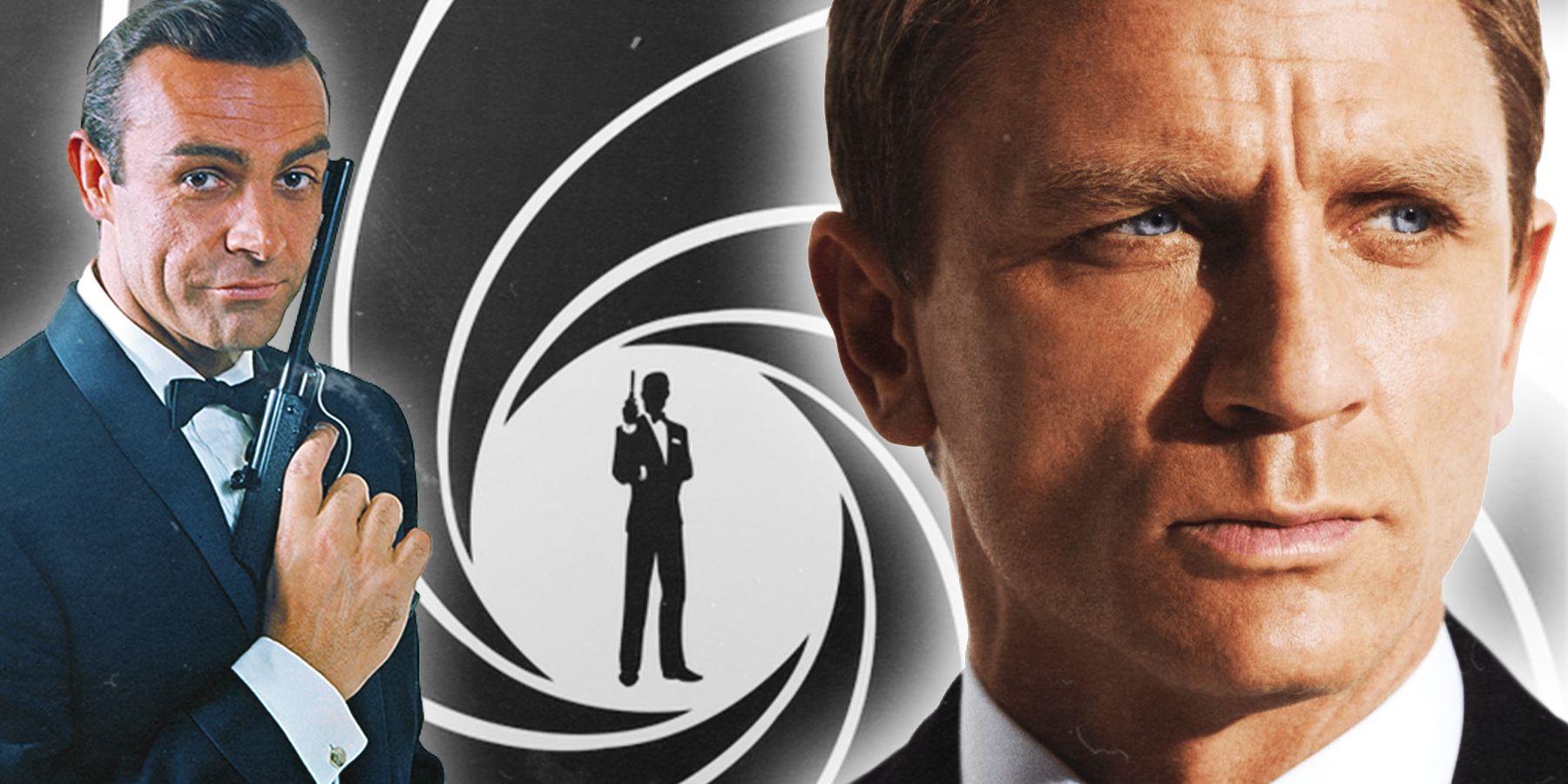 Sean Connery and Daniel Craig both as James Bond in front of the franchises gun barrel logo